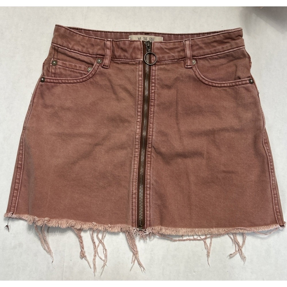 We the Free Free People Distressed Zip Front Denim Y2K Mini Skirt SZ 24 Raw Hem